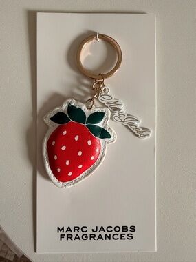 Marc Jacobs Red Strawberry Keychain with Green Leaves and Gold Ring